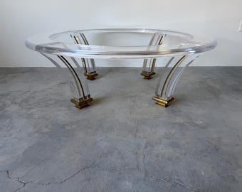 Glamorous Vintage Jeffrey Bigelow Style Lucite & Brass Sculptural Round Coffee Table with Glass Insert