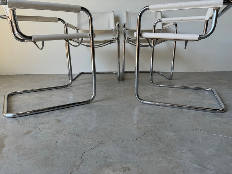 1970's Italian Marcel Breuer White Leather and Tubular Chrome Steel Chairs, Set of 4 image 3