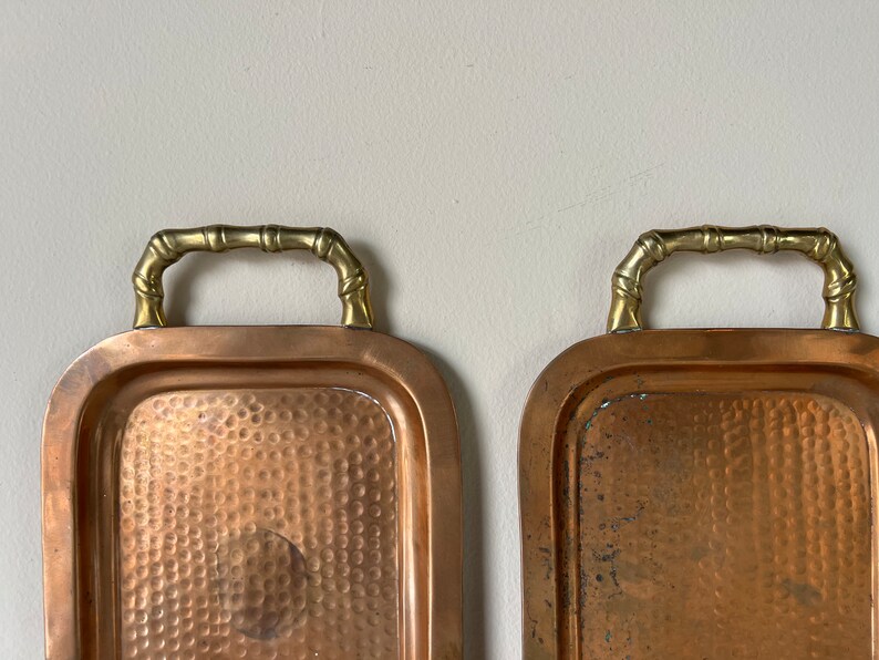 Vintage Hand Hammered Copper and Brass Handle Trays a Pair image 7