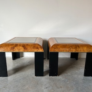 Mid-Century Burlwood and Smoked Glass Side Tables a Pair image 1