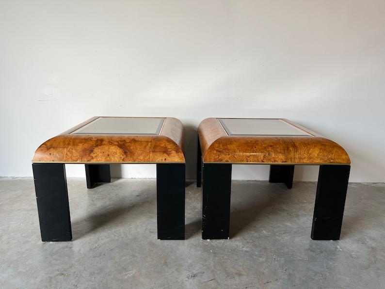 Mid-Century Burlwood and Smoked Glass Side Tables a Pair image 1