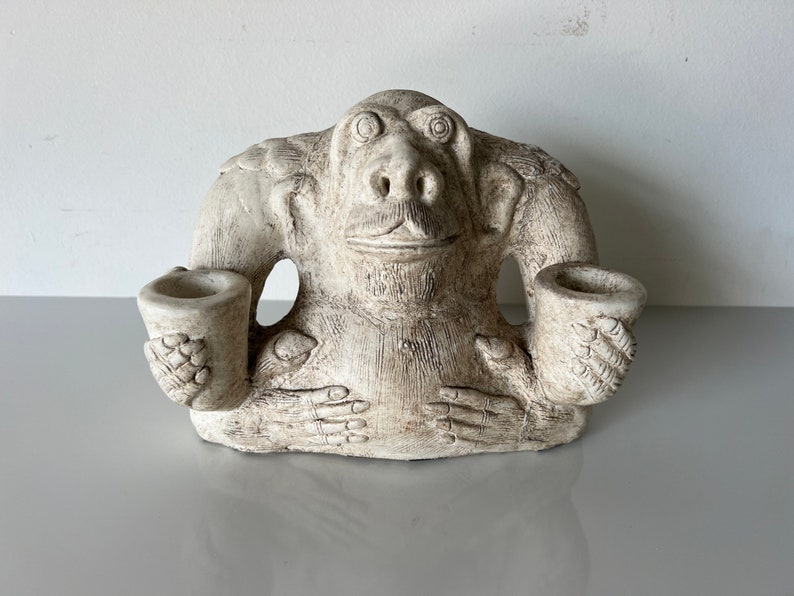 Vintage Handmade Monkey Shape Pottery Candle Holder image 1