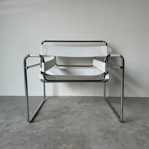 Vintage Marcel Breuer Wassily Style Chrome White Leather Sling Lounge Chair image 1