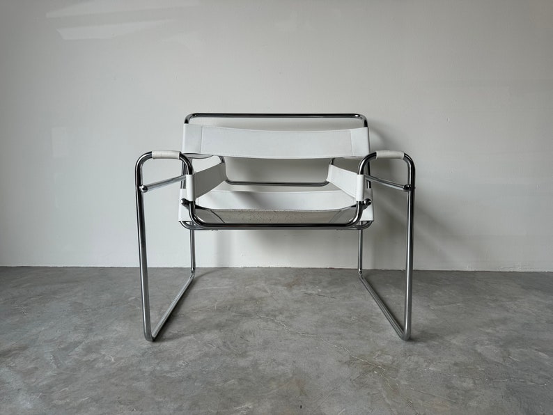 Vintage Marcel Breuer Wassily Style Chrome White Leather Sling Lounge Chair image 1