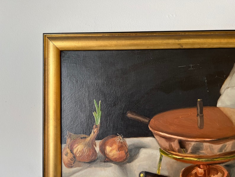 60's Vintage Copper Pot & Onions Impressionist Still Life Oil on Canvas Painting, Signed image 7
