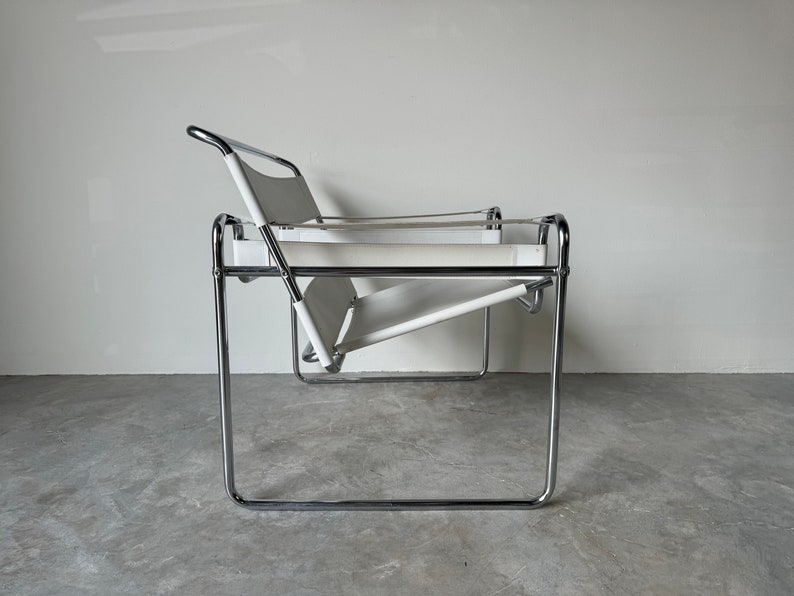 Vintage Marcel Breuer Wassily Style Chrome White Leather Sling Lounge Chair image 3