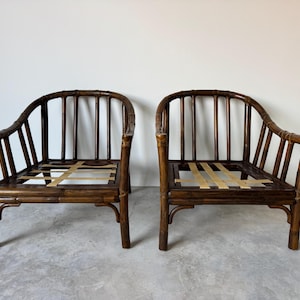 Elinor McGuire Organic Rattan and Leather Lounge Chairs - A Pair