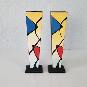 1990s Postmodern Memphis Style Hand Painted Candle Holders a Pair. image 1