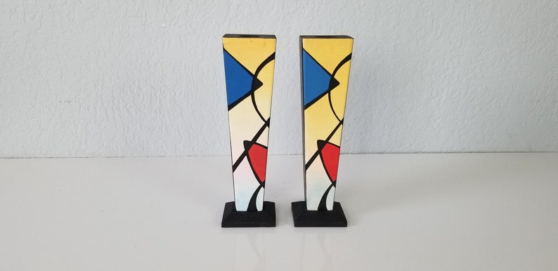 1990s Postmodern Memphis Style Hand Painted Candle Holders a Pair. image 1