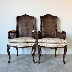 Vintage French Provincial Louis XV-Style Carved Wood & Double Cane Armchairs - A Pair