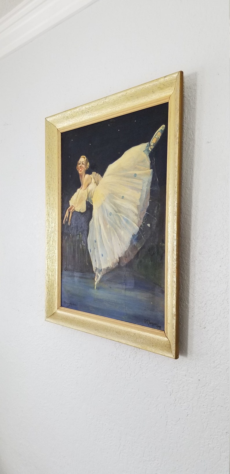 May include: A framed painting of a ballerina in a white tutu, dancing against a dark blue background with stars. The painting is signed "H. Sargent" in the bottom right corner.