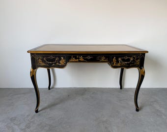 Vintage Baker Furniture Chinoiserie Desk Table With Leather on Top & Brass Handles