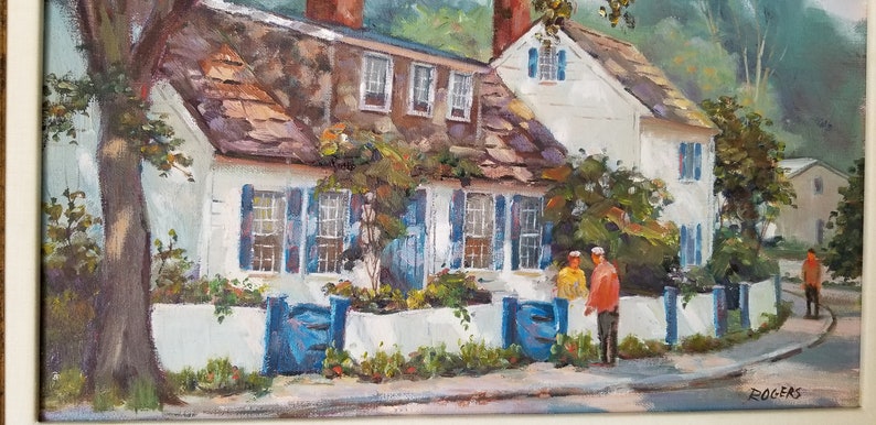 1970s Village Street Scene Oil Painting by Rogers, Framed. image 9