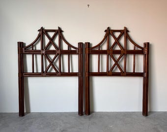 Pair of Vintage McGuire-Style Rattan Headboards With Leather Wrapped Bindings