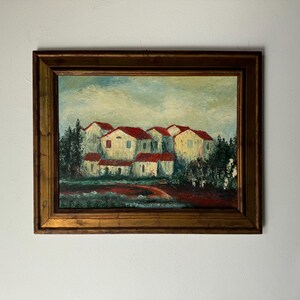 70&#39;s Vintage Mediterranean - Village Impressionist Oil Painting, Framed