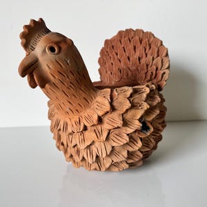 Vintage Hand-Crafted Clay Folk Art Chicken Planter Sculpture
