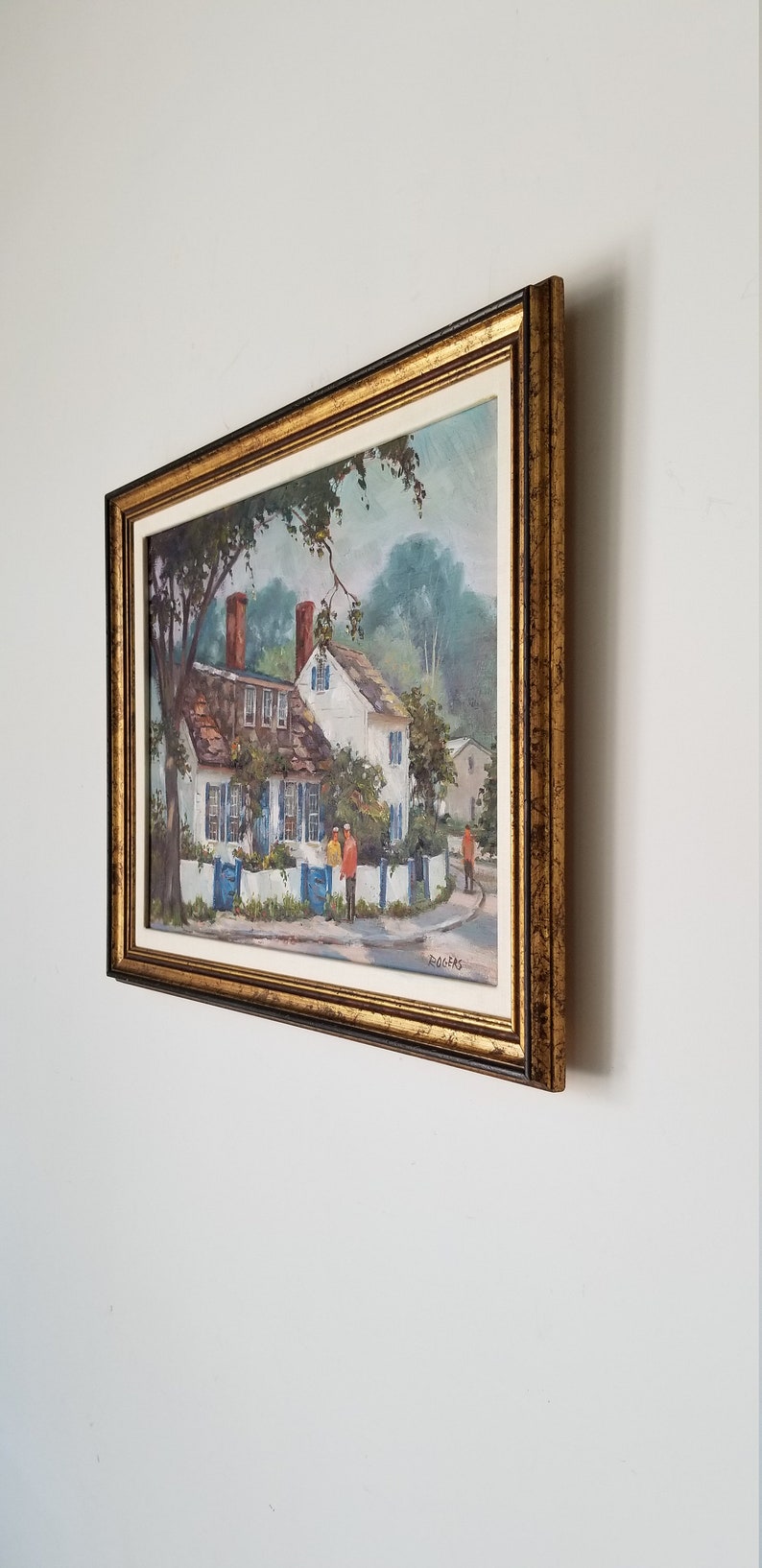 1970s Village Street Scene Oil Painting by Rogers, Framed. image 4