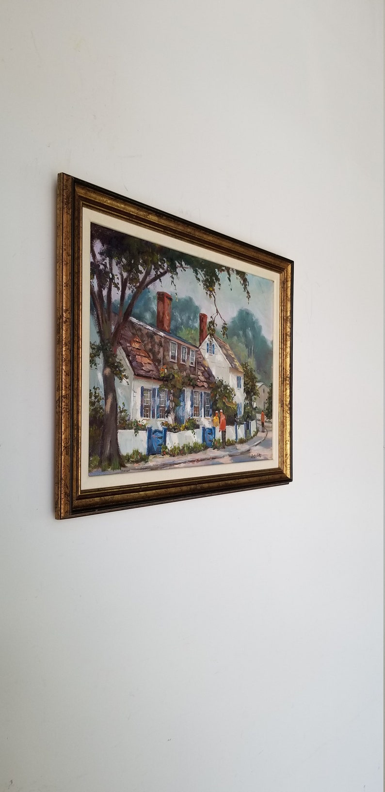 1970s Village Street Scene Oil Painting by Rogers, Framed. image 2