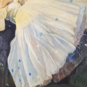 May include: A ballerina in a white tutu with blue accents dances on a dark blue stage. The background is a dark blue sky with white stars.