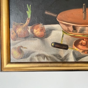 60's Vintage Copper Pot & Onions Impressionist Still Life Oil on Canvas Painting, Signed image 5