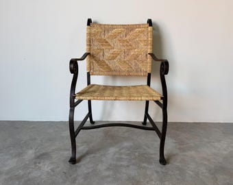 Organic Modern Hand-Wrought Iron and Woven Raffia Armchair