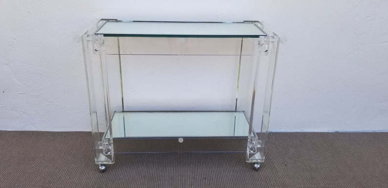 70 S Vintage Lucite Mirrored Glass Top Bar Cart 70 S Vintage Lucite Mirrored Glass Top