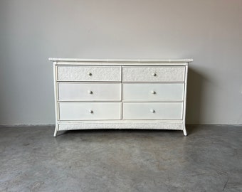 Vintage White Painted Six Drawer Rattan Dresser