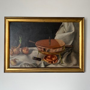 60's Vintage Copper Pot & Onions Impressionist Still Life Oil on Canvas Painting, Signed image 3