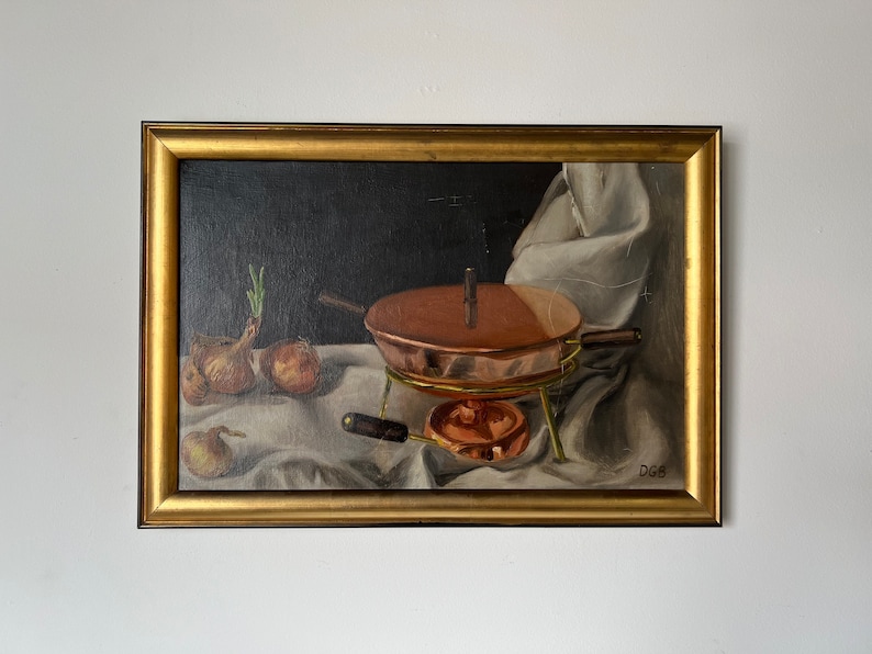 60's Vintage Copper Pot & Onions Impressionist Still Life Oil on Canvas Painting, Signed image 3