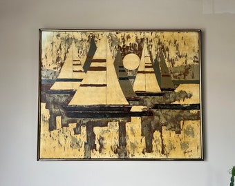Large Gene Arnett Sailboat Sunset Oil on Canvas Painting, Framed