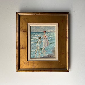 80&#39;s W. Thorton Impressionist Mother & Daughter on the Beach Oil Painting, Framed