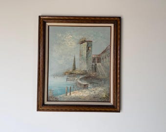 Vintage Caroline Burnett Impressionist European Coastal Landscape Oil on Canvas Painting, Framed