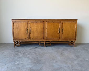 Vintage Ficks Reed Palm Beach Faux Bamboo Wood Sideboard with Brass Pulls