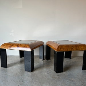 Mid-Century Burlwood and Smoked Glass Side Tables a Pair image 5