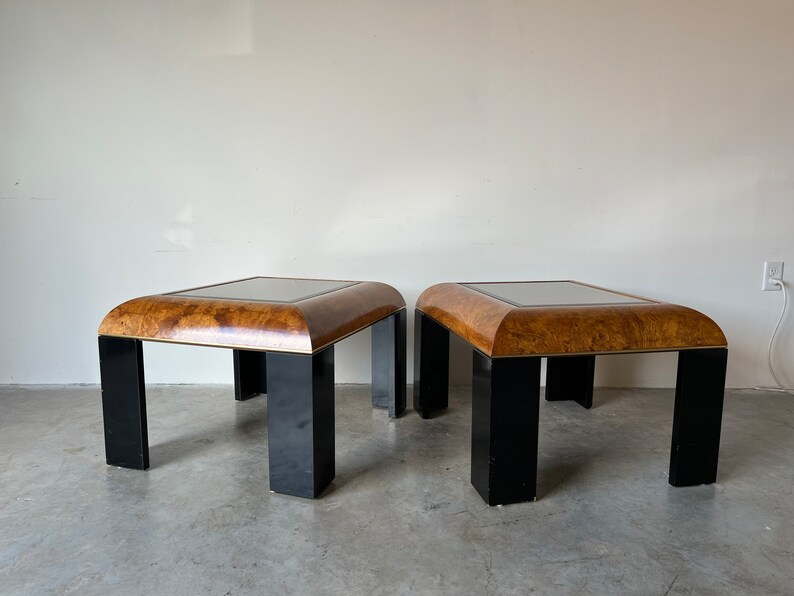 Mid-Century Burlwood and Smoked Glass Side Tables a Pair image 5