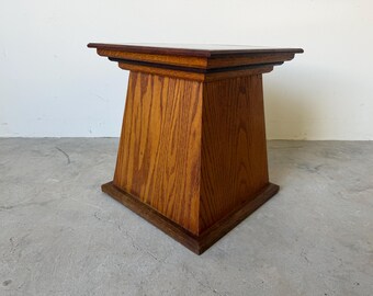 Vintage Geometric Wood Side Table / Plant Stand with Black Granite Stone Top