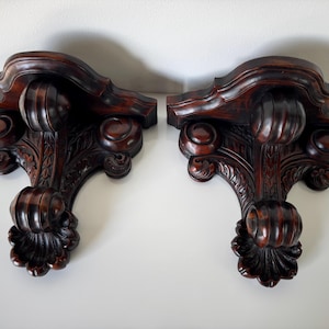 Vintage Hand-Carved Wood Wall Bracket Shelves - A Pair