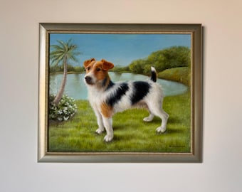 Vintage Dog Portrait Landscape Oil Painting – Signed