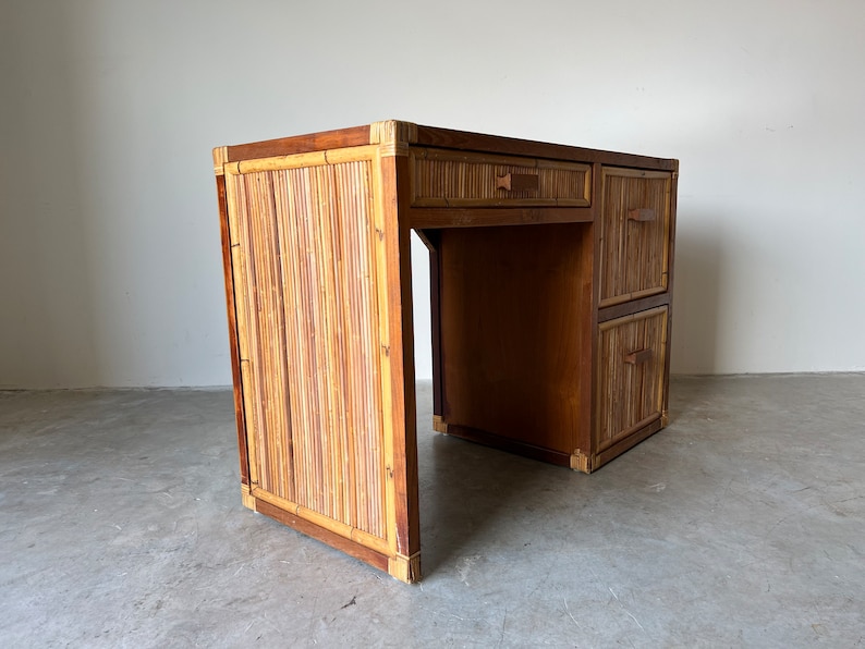 Vintage Coastal Pencil Reed Rattan and Wood Desk With Glass Top image 3