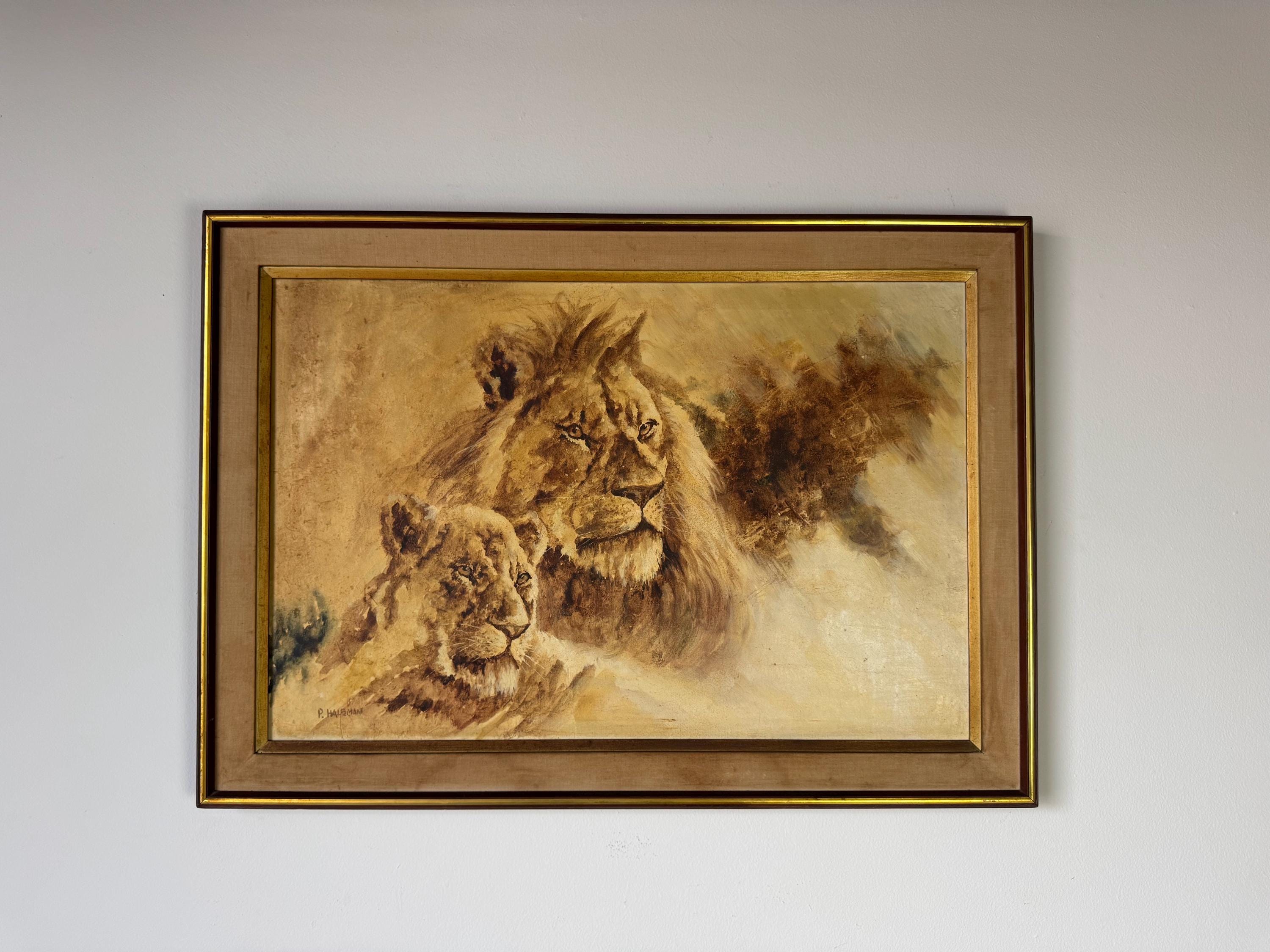 1970's P. Halgman Impressionist Wildlife - Lions Oil on Canvas Painting
