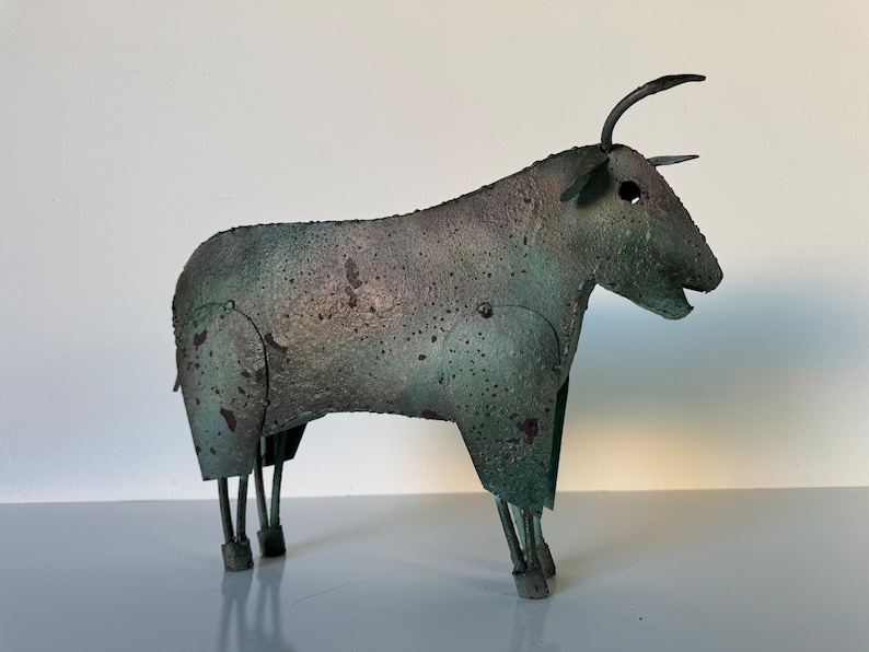 Vintage Brutalist Folk Art Metal Bull Sculpture image 1