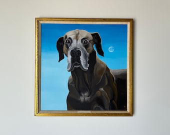 1970's Vintage Surrealism Dog Portrait Oil Painting, Framed