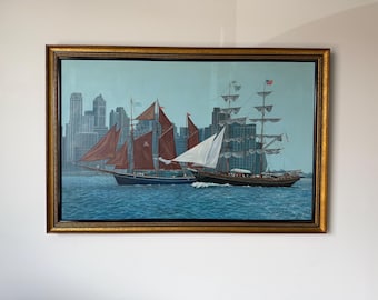 Large-  1980’s Diane Kenny Maritime City Skyline Painting – Tall Ships Harbor Scene, Framed