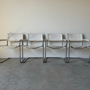 1970's Italian Marcel Breuer White Leather and Tubular Chrome Steel Chairs, Set of 4 image 1
