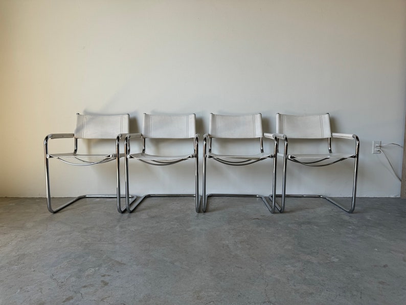 1970's Italian Marcel Breuer White Leather and Tubular Chrome Steel Chairs, Set of 4 image 1