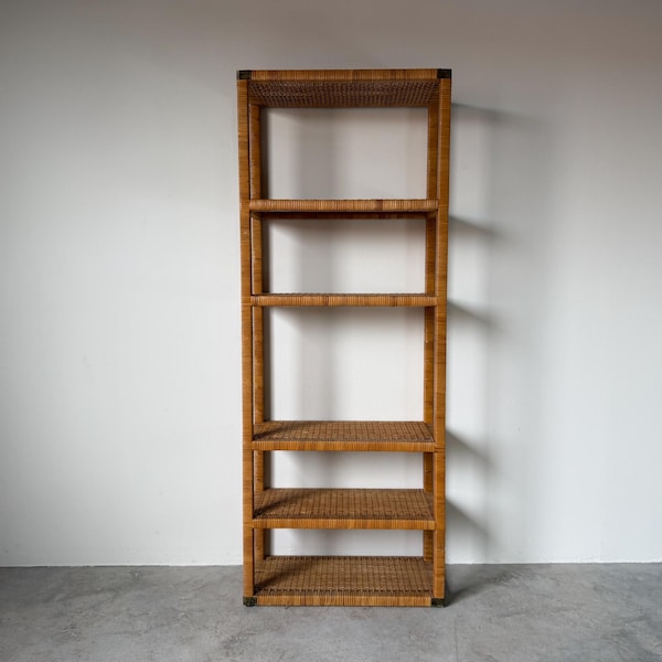 Vintage Coastal Bielecky Brothers-Style Wrapped Rattan Six-Tier Etagere