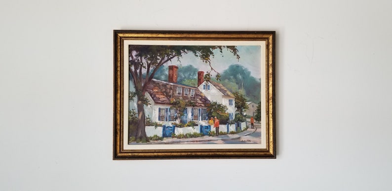 1970s Village Street Scene Oil Painting by Rogers, Framed. image 1