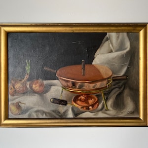 60's Vintage Copper Pot & Onions Impressionist Still Life Oil on Canvas Painting, Signed image 1