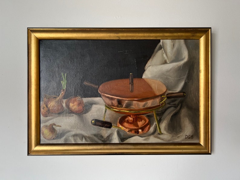 60's Vintage Copper Pot & Onions Impressionist Still Life Oil on Canvas Painting, Signed image 1