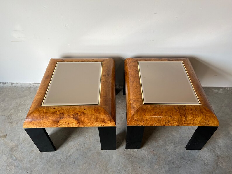 Mid-Century Burlwood and Smoked Glass Side Tables a Pair image 2